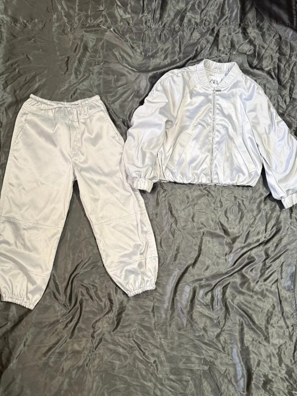 Zara Kids Silver Satin Bomber & Jogger Set Girls 8 / 8-9